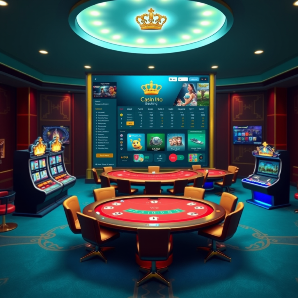 Majestic casino gaming interface showing elegant slot machines, poker tables, and sports betting dashboard with royal crown logo