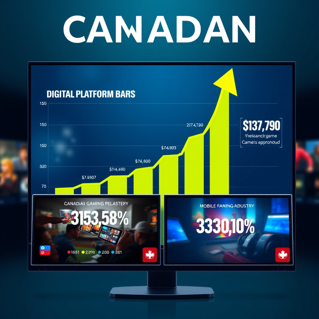 Professional business chart showing upward growth trends in Canadian gaming industry with digital platform statistics and mobile gaming adoption rates displayed on modern screens