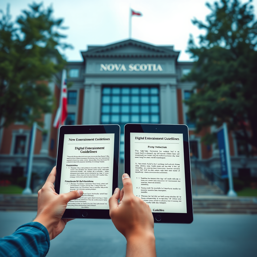 Official government building in Nova Scotia with digital entertainment regulatory documents and guidelines displayed on tablets, representing new digital platform regulations and user protection measures