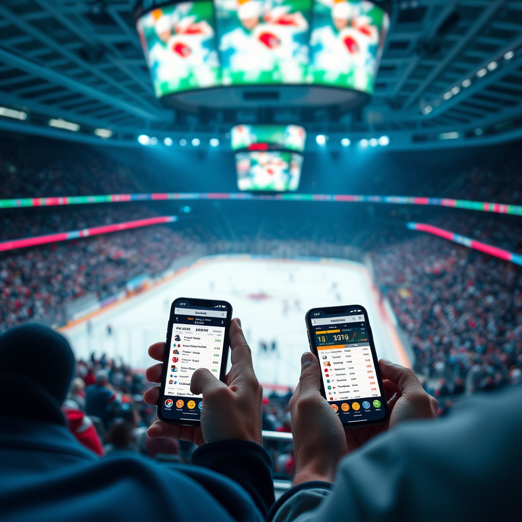 Dynamic sports stadium scene with live action hockey game and mobile devices showing real-time betting interfaces, representing the shift toward live sports betting in Atlantic Canada